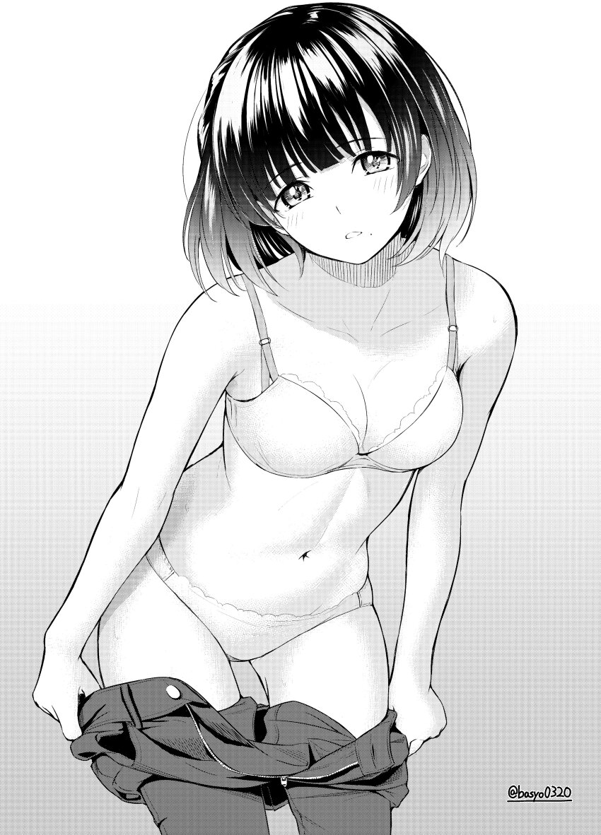1girl absurdres bashosho blush bra breasts cleavage clothes_pull collarbone commentary_request highres lace lace-trimmed_bra lace-trimmed_panties lace_trim leaning_forward linea_alba looking_at_viewer mole mole_under_mouth monochrome navel original panties pants pants_pull solo twitter_username underwear