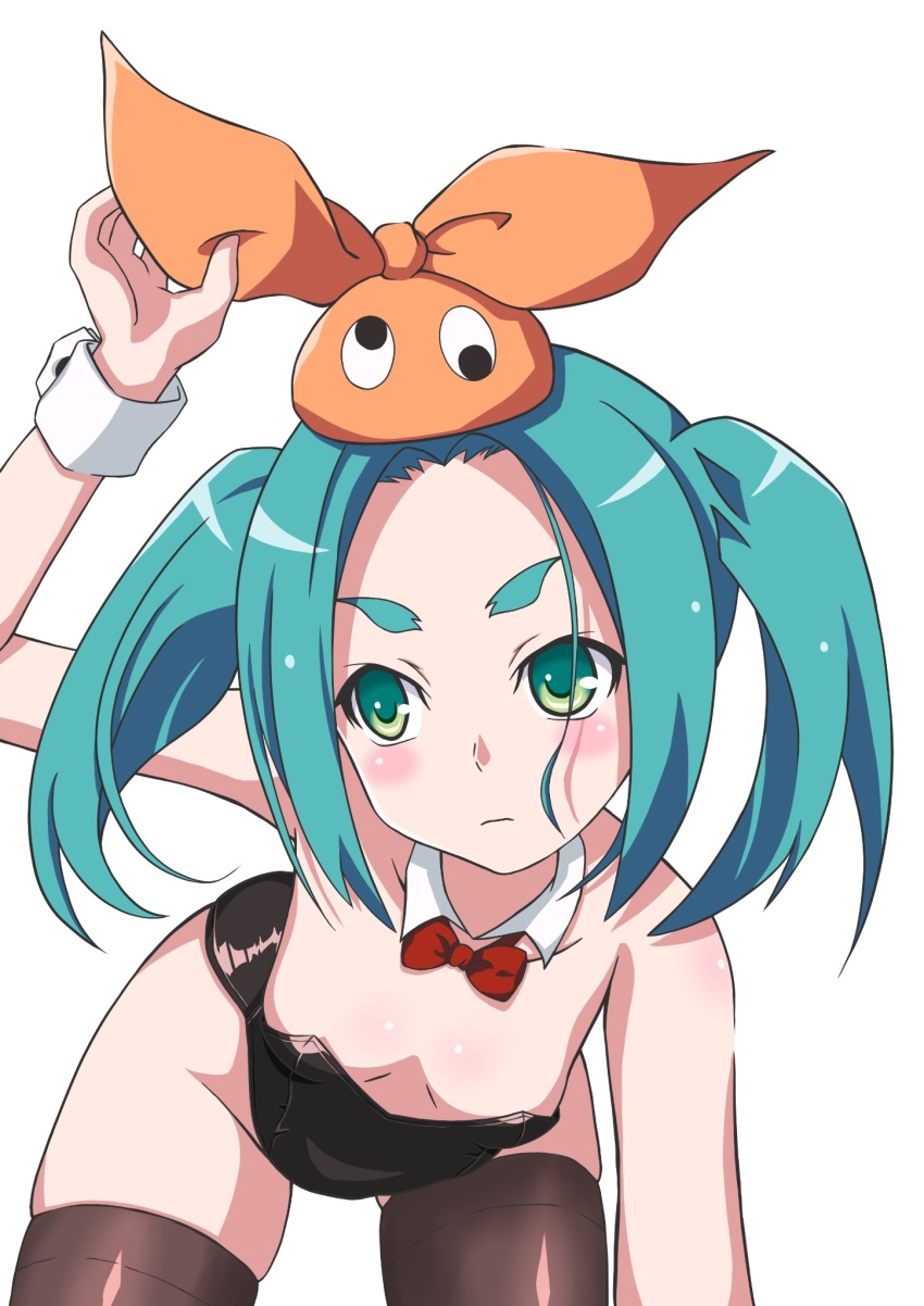 aqua_hair bare_shoulders black_thighhighs blush bow bowtie bunny_day closed_mouth collar detached_collar green_eyes hat highres leaning_forward leotard looking_to_the_side monogatari_(series) ononoki_yotsugi orange_hat playboy_bunny red_bow red_bowtie taketake_(ristclutch-exployder) thick_eyebrows thighhighs twintails white_background white_collar wrist_cuffs