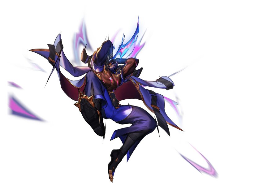 1boy arms_up bandaged_arm bandages black_footwear blue_eyes covered_mouth dagger dark-skinned_male dark_skin full_body glowing glowing_eyes highres holding holding_dagger holding_knife holding_weapon incoming_attack jacket jumping knife league_of_legends looking_at_viewer male_focus muscular muscular_male official_alternate_costume official_art pants pyke_(league_of_legends) scar scar_across_eye scar_on_face simple_background solo soul_fighter_pyke transparent_background weapon white_jacket white_pants