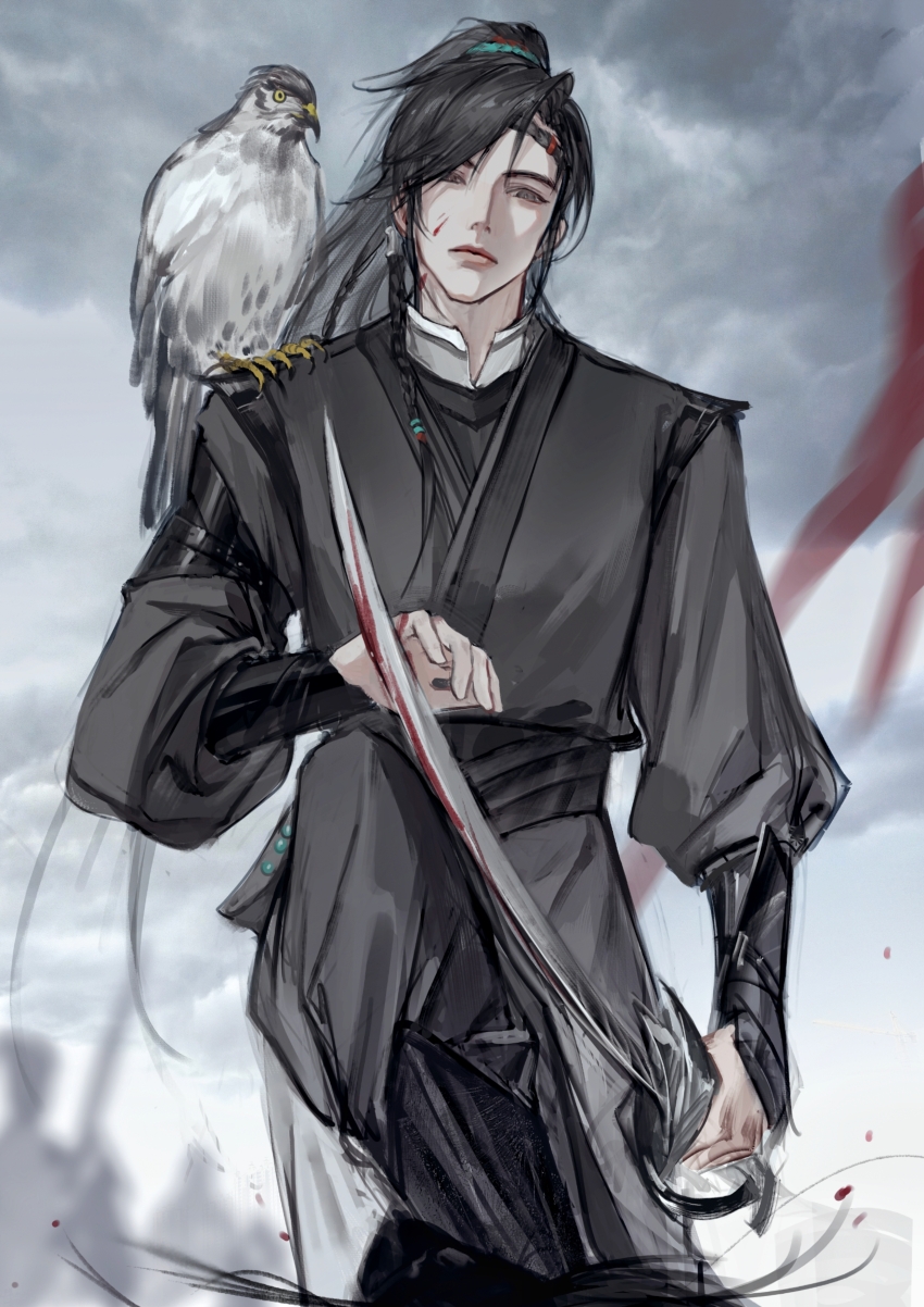 1boy absurdres animal animal_on_shoulder bird bird_on_shoulder black_hair black_hanfu black_sash blood blood_on_face blood_on_hands bloody_weapon braid chinese_clothes chinese_commentary closed_mouth cloud cloudy_sky falcon grey_eyes hand_on_weapon hanfu headband high_ponytail highres holding holding_sword holding_weapon long_hair long_sleeves looking_at_viewer male_focus outdoors ponytail qiang_jin_jiu sash sky solo sword tianhongqwq weapon xiao_chiye