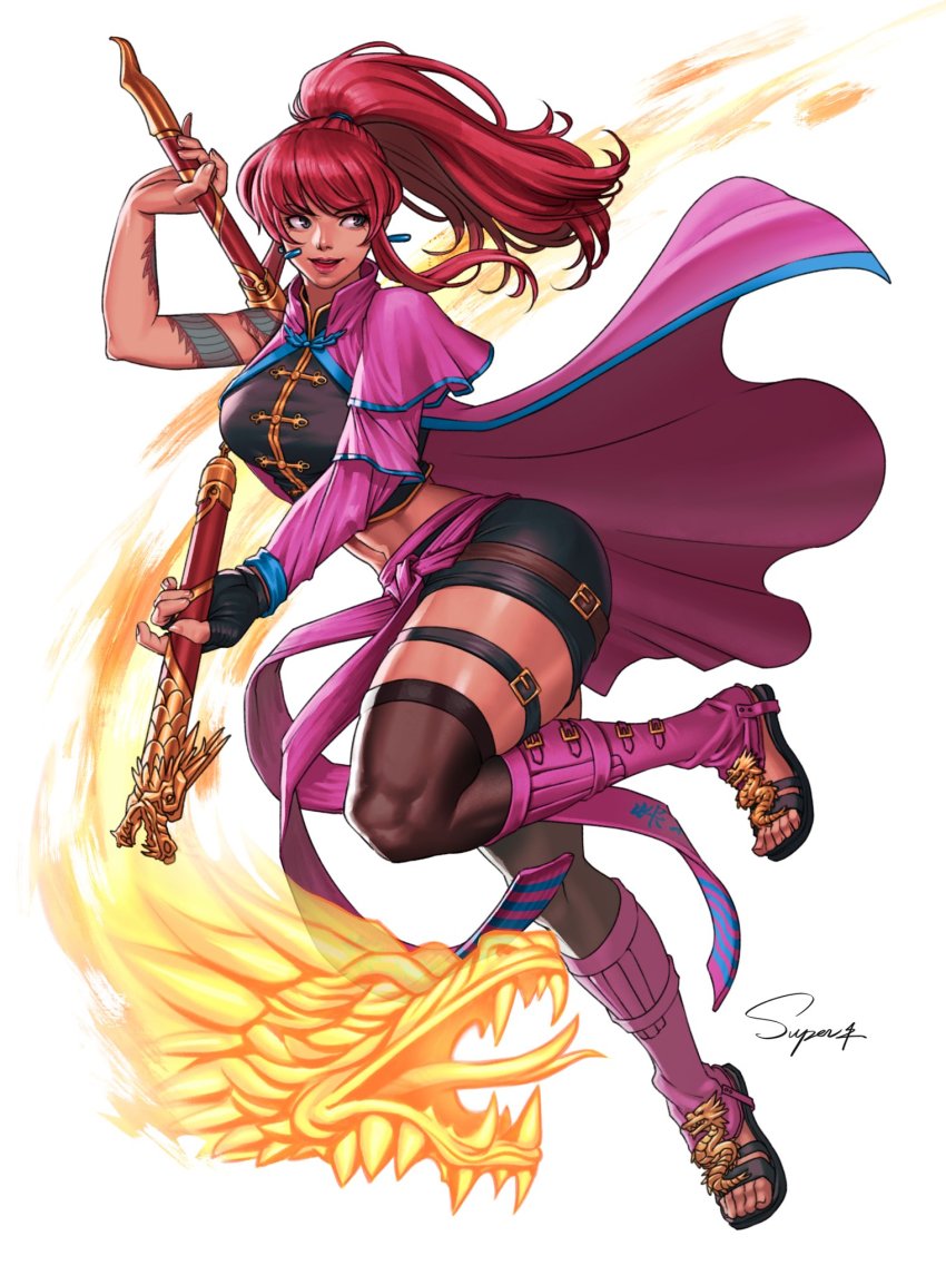 1girl belt dragon dress earrings highres jewelry killer_instinct kim_wu looking_to_the_side martial_arts nunchaku pink_dress ponytail red_hair superbull thick_thighs thighs weapon