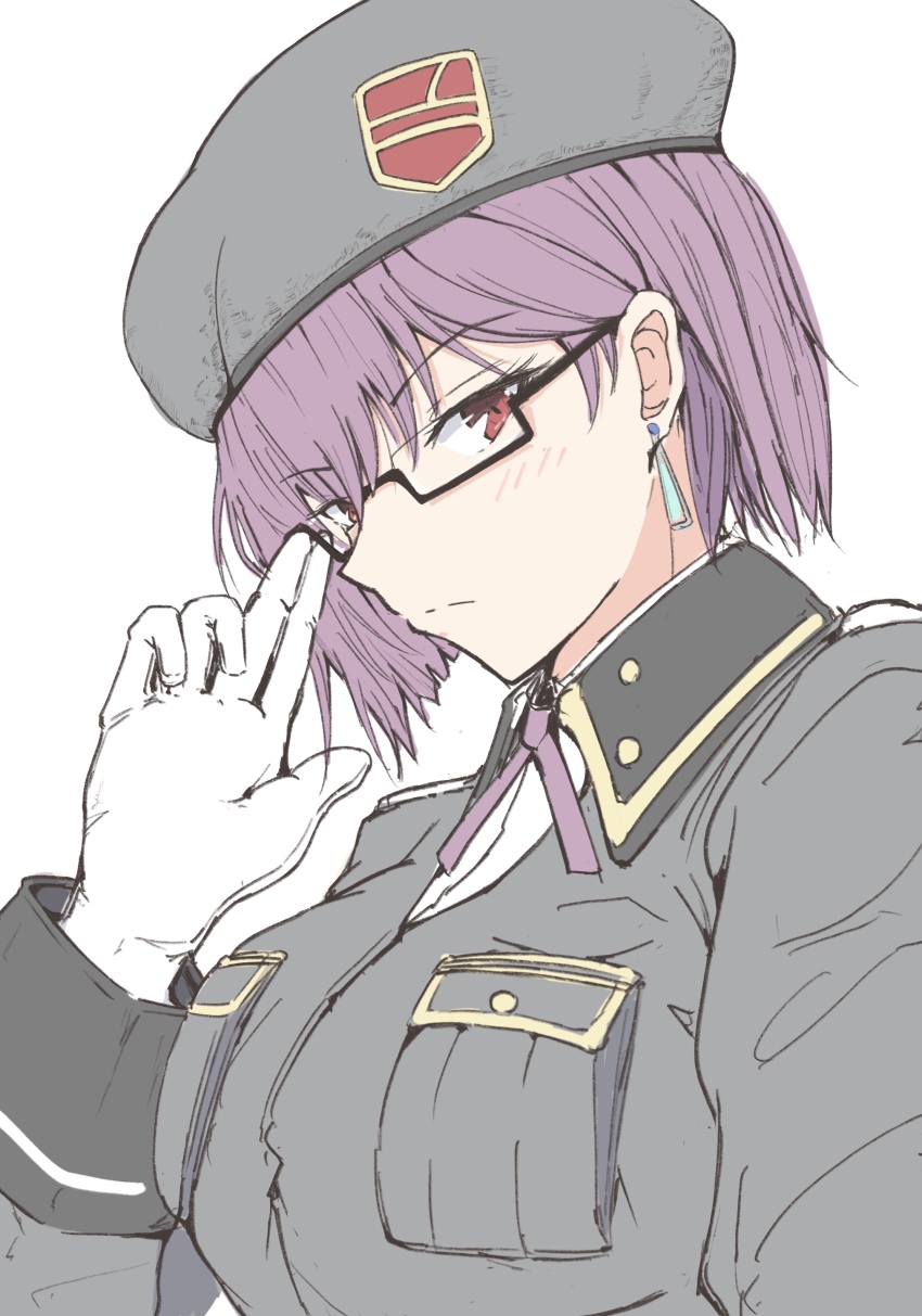 1girl absurdres adjusting_eyewear black_jacket breasts collared_shirt glasses hat heaven_burns_red highres jacket large_breasts military_hat potenara purple_hair red_eyes shirt short_hair solo tezuka_saki