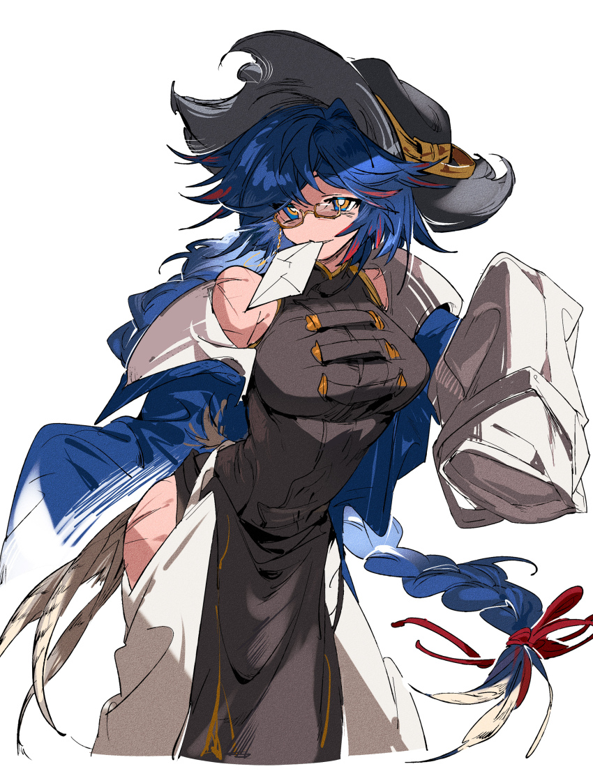 1girl absurdres arknights black_dress black_hat blue_eyes blue_hair braid breasts bright_pupils china_dress chinese_clothes chinese_commentary coat commentary_request cropped_legs dress genderswap genderswap_(mtf) glasses hat highres hip_vent large_breasts letter ling_s long_hair mouth_hold mr._nothing_(arknights) multicolored_eyes orange_eyes scar scar_on_hip scar_on_shoulder sleeves_past_fingers sleeves_past_wrists solo two-tone_eyes white_coat white_pupils