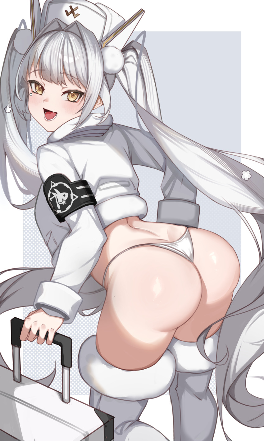 1girl alternate_costume artist_request ass black_pantyhose blanc_(fortune_express)_(nikke) blanc_(nikke) boots breasts character_name coat fang from_behind fur-trimmed_boots fur_trim goddess_of_victory:_nikke hat highres holding holding_suitcase medium_breasts official_alternate_costume open_mouth pantyhose skin_fang smile solo suitcase thong twintails underwear white_boots white_coat white_hat winter_clothes winter_coat yellow_eyes