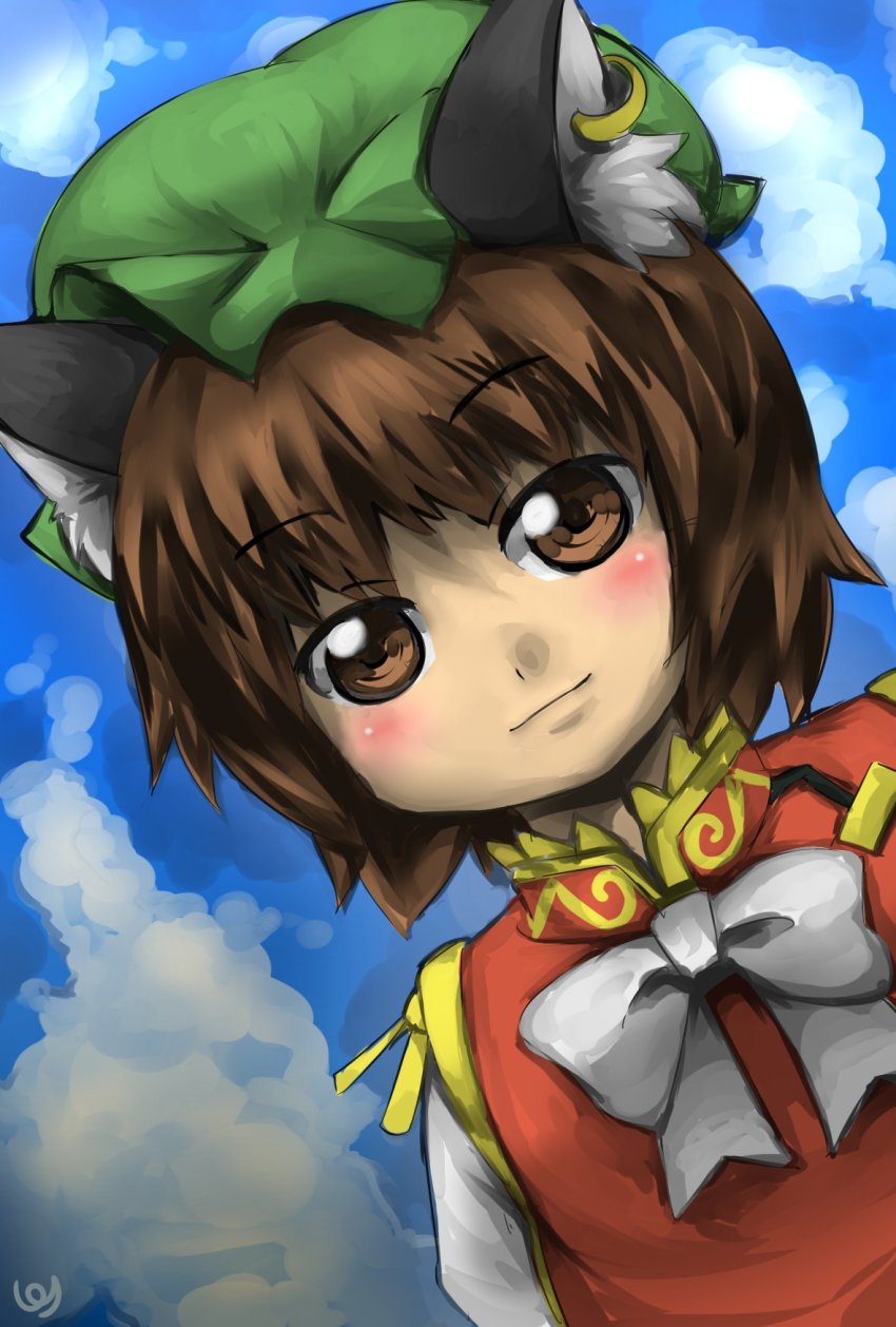 1girl animal_ear_fluff animal_ears bow bowtie brown_eyes brown_hair cat_ears chen cloud day dress earrings gold_trim hat highres jewelry light_smile mob_cap outdoors pmx red_dress short_hair single_earring sky solo touhou zun_(style)