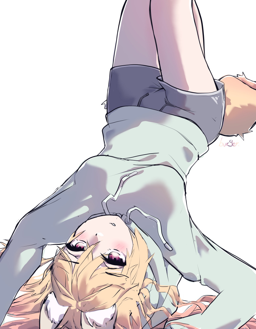 1girl absurdres animal_ear_fluff animal_ears blonde_hair blush burgerpackaging fluff fox_ears fox_girl fox_tail highres hood hoodie lying non-web_source on_floor original pastel_colors purple_eyes solo sportswear tail