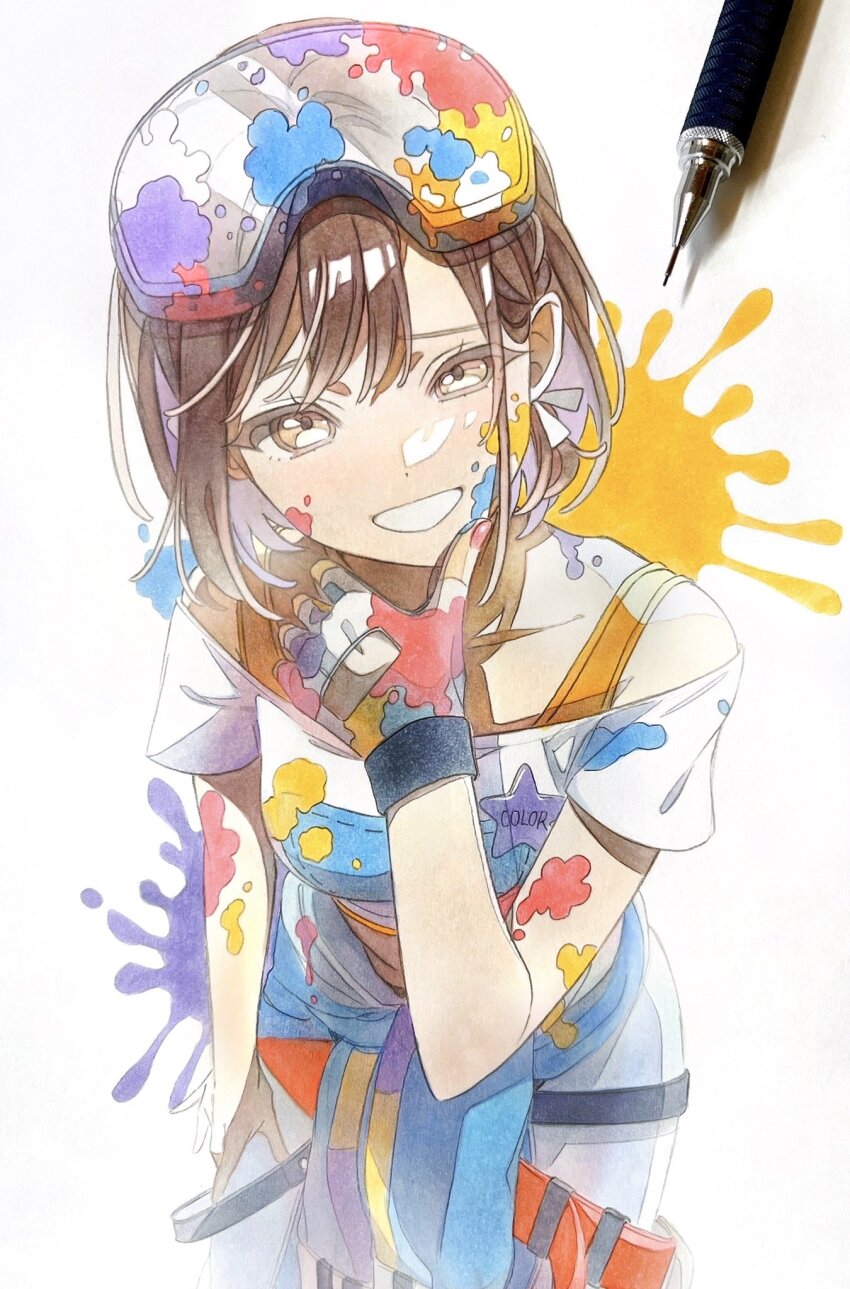 1girl art_tools_in_frame bare_shoulders bow braid brown_eyes brown_hair commentary glove_cutout fingerless_gloves gloves goggles goggles_on_head graphite_(medium) grin hair_bow highres leaning_forward looking_at_viewer marker_(medium) mechanical_pencil paint_on_clothes paint_splatter paint_splatter_on_face pato_(ptro) pencil photo_(medium) project_sekai shinonome_ena shirt short_sleeves simple_background smile solo suki_wo_egaite_rainbow_canvas_(project_sekai) symbol-only_commentary traditional_media white_background white_gloves white_shirt wristband