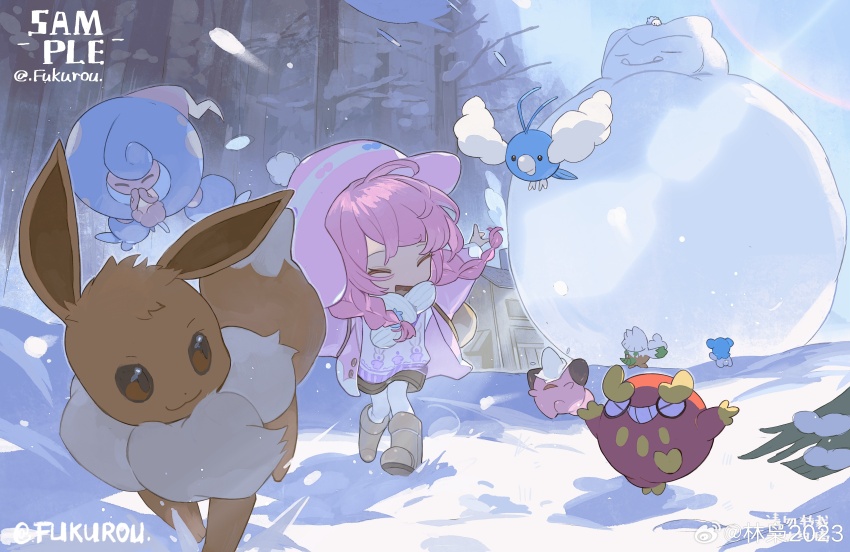 1girl ^_^ absurdres ahoge animal_print backpack bag beanie blue_ribbon blue_sky boots bow_print braid brown_bag brown_footwear brown_skirt character_request check_copyright chibi chinese_commentary chinese_text cleffa closed_eyes commentary_request copyright_request cubchoo darumaka day earflap_beanie eevee eyelashes forest fukurou_(linxiao_2024) game_freak gen_1_pokemon gen_2_pokemon gen_3_pokemon gen_4_pokemon gen_5_pokemon gen_8_pokemon hair_ribbon hat hattrem highres house jacket lens_flare long_hair long_sleeves miniskirt nature nintendo open_clothes open_jacket open_mouth original outdoors outstretched_arms pantyhose pink_hair pink_hat pink_jacket pink_sleeves pink_sweater pokemon pokemon_(creature) pom_pom_(clothes) rabbit_print ribbon sample_watermark scarf skirt sky smile snom snorlax snover snow snowing steam sunlight swablu sweater twin_braids twitter_username watermark weibo_watermark white_pantyhose white_scarf