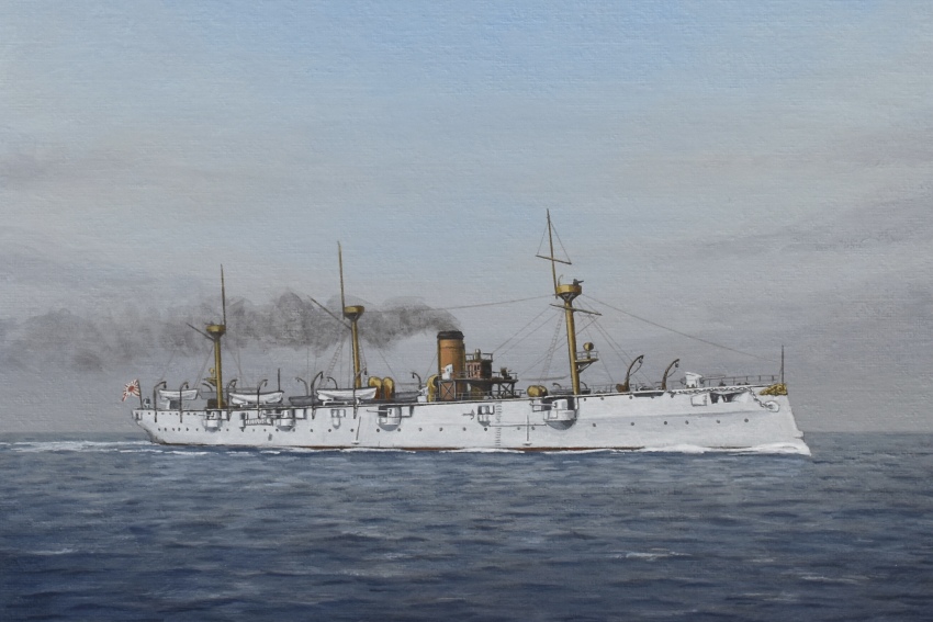 acrylic_paint_(medium) atelier_bono cannon chiyoda_(protected_cruiser) commentary_request cruiser evening flag highres imperial_japanese_navy mast military_vehicle morning no_humans ocean original painting_(medium) rising_sun_flag ship ship_turret sky smoke smoke_trail smokestack sunburst traditional_media vehicle_focus warship watercraft
