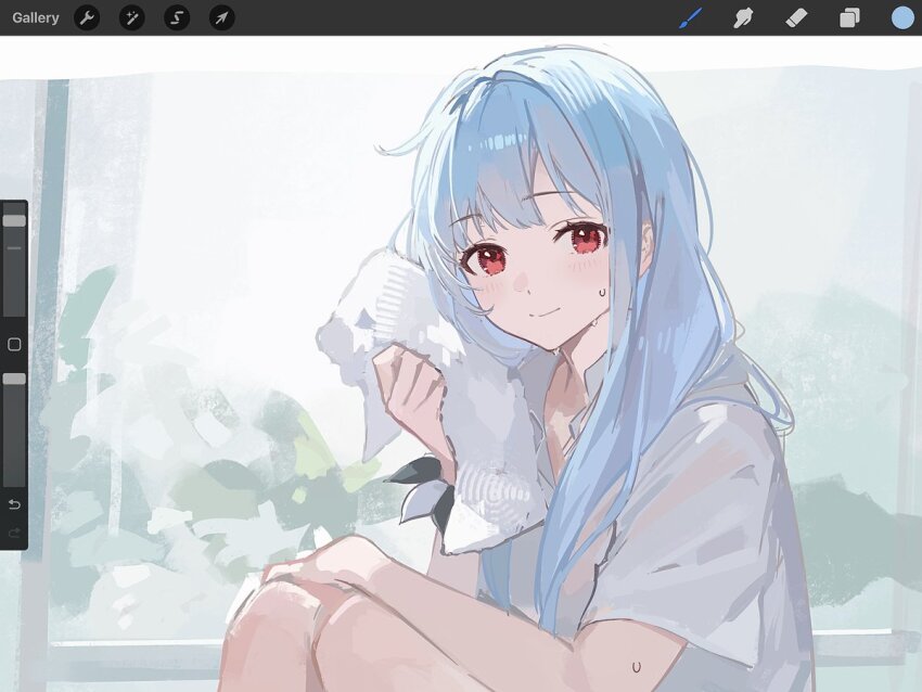 1girl art_program_in_frame blue_hair closed_mouth commentary feet_out_of_frame freesia_(stella_sora) holding holding_towel long_hair looking_at_viewer procreate_(medium) red_eyes shirt short_sleeves sitting smile solo soybean_(hisoybean) split_mouth stella_sora symbol-only_commentary towel white_shirt