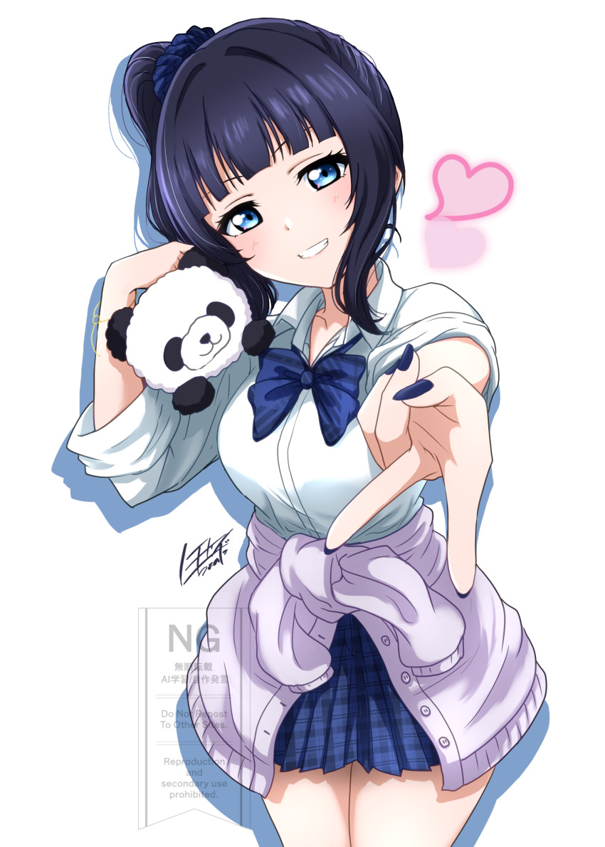 1girl absurdres asaka_karin blue_bow blue_bowtie blue_eyes blue_hair blue_nails blue_skirt blunt_bangs bow bowtie breasts cardigan cardigan_around_waist clothes_around_waist collarbone commentary_request cowboy_shot foreshortening grin gyaru gyaru_v gyarugasaki head_tilt heart highres holding holding_stuffed_toy kogal large_breasts lone_nape_hair looking_at_viewer love_live! love_live!_nijigasaki_high_school_idol_club miniskirt nail_polish noochan_chonoda official_alternate_costume outstretched_arm plaid_bow plaid_bowtie plaid_clothes plaid_scrunchie plaid_skirt pleated_skirt purple_cardigan scrunchie short_hair side_ponytail sidelocks skirt smile solo stuffed_animal stuffed_panda stuffed_toy v v-shaped_eyebrows watermark