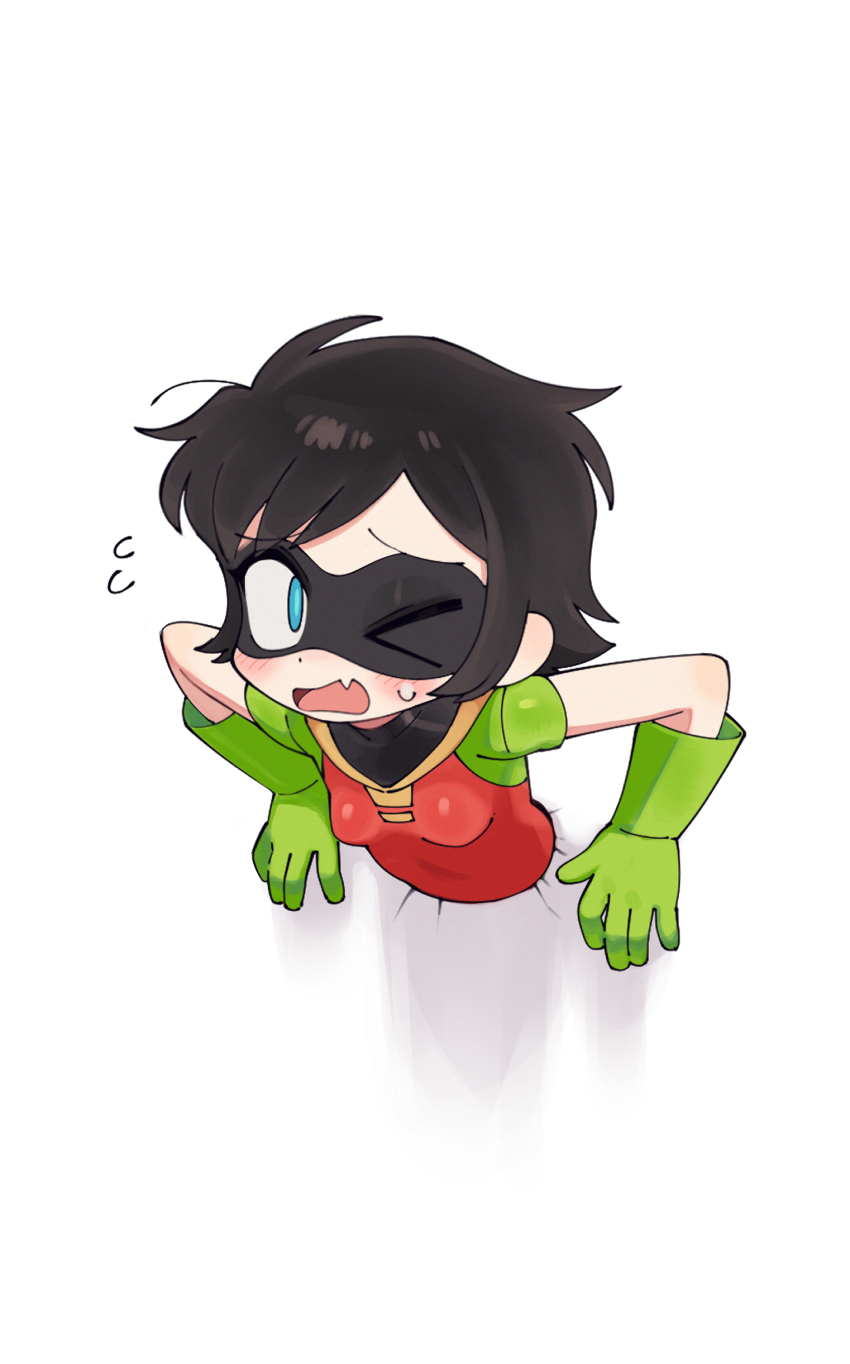 &gt;_o 1girl absurdres batman_(series) batrobin_k black_hair blue_eyes breasts dc_comics domino_mask fang genderswap genderswap_(mtf) gloves green_gloves highres mask one_eye_closed robin_(batrobin_k) robin_(dc) short_hair simple_background skin_fang small_breasts spandex superhero_costume through_wall white_background