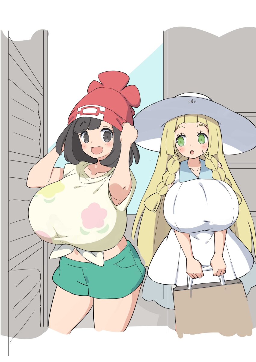 2girls @sabonbold alternate_breast_size bag black_eyes black_hair blonde_hair breasts chestnut_mouth dress eyelashes female_focus green_eyes hat highres holding holding_bag holding_unworn_clothes holding_unworn_hat huge_breasts legs lillie_(pokemon) long_hair looking_at_another looking_at_viewer medium_hair midriff multiple_girls navel nintendo open_mouth pokemon pokemon_sm selene_(pokemon) short_hair smile standing sun_hat unworn_hat unworn_headwear white_dress