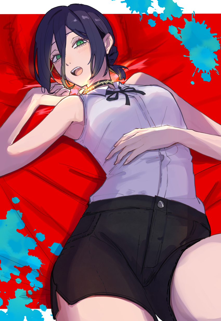 1girl absurdres amausa_subee black_choker black_hair black_ribbon black_shorts chainsaw_man choker green_eyes grenade_pin hair_between_eyes highres imminent_explosion looking_at_viewer lying neck_ribbon on_back open_mouth reze_(chainsaw_man) ribbon shirt shirt_tucked_in short_shorts shorts sleeveless sleeveless_shirt solo