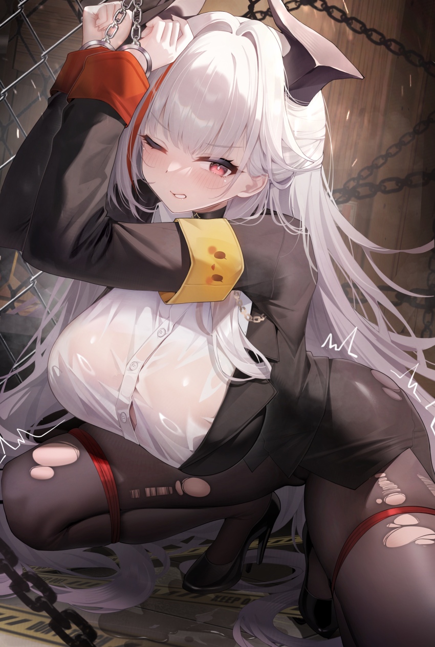 1girl absurdres admiral_zenker_(azur_lane) admiral_zenker_(fun_with...interrogations?)_(azur_lane) armband azur_lane black_jacket black_pantyhose black_shoes black_skirt blush bound bound_legs bound_wrists breasts collared_shirt high_heels highres horns jacket jihua_tong large_breasts long_hair multicolored_hair office_lady official_alternate_costume one_eye_closed pantyhose pencil_skirt red_eyes red_hair shirt shoes skirt solo streaked_hair teeth torn_clothes torn_pantyhose white_hair white_shirt yellow_armband