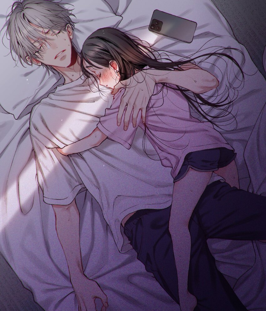 1boy 1girl barefoot black_hair blush brother_and_sister cellphone girl_on_top grey_eyes grey_hair highres hug indoors long_hair phone ryo_to_mikoto short_shorts shorts siblings sleeping smartphone sunlight sweat tsukino_omame