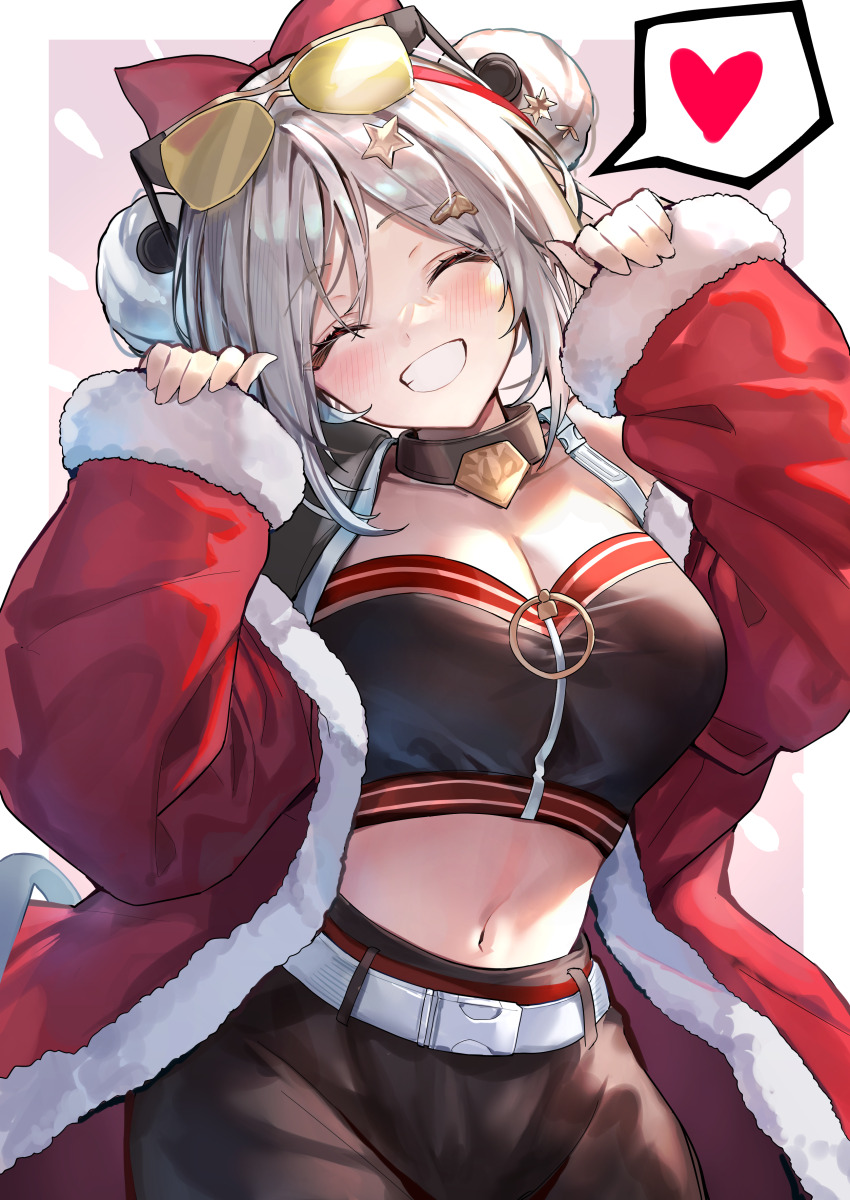 1girl ^_^ absurdres alternate_costume black_choker black_pants blush bow breasts choker cleavage closed_eyes coat collarbone crop_top double_bun eyewear_on_head girls&#039;_frontline hair_bow hair_bun heart highres kabi_(zcwd8845) long_sleeves medium_breasts midriff navel open_clothes open_coat p90_(girls&#039;_frontline) pants red_coat short_hair sleeves_past_wrists smile solo spoken_heart sunglasses white_hair white_pants