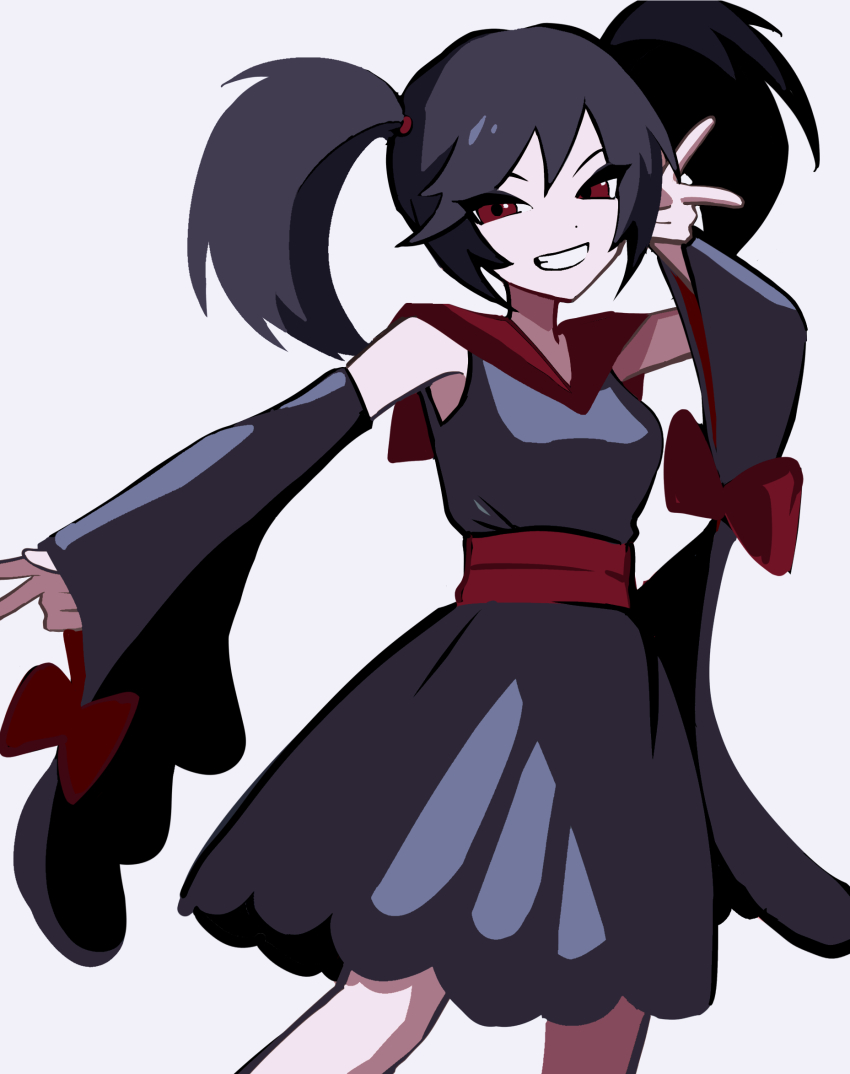 1girl black_dress black_hair detached_sleeves double_v dress furisode_girl_(pokemon) furisode_girl_kali grey_background highres nintendo pokemon pokemon_xy red_eyes sayu_elbow simple_background sleeveless sleeveless_dress solo teeth twintails v