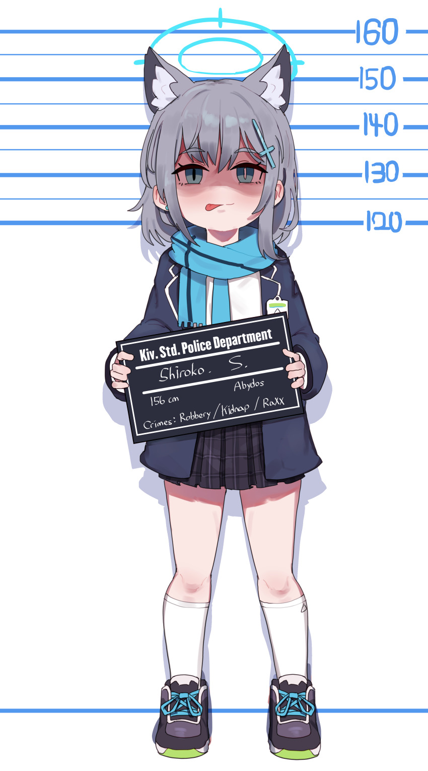 1girl absurdres animal_ears black_jacket blue_archive blue_eyes blue_halo blue_scarf commentary cross cross_hair_ornament earrings full_body grey_hair hair_ornament halo height_mark highres holding holding_sign inverted_cross jacket jewelry lulubelleiii miniskirt mismatched_pupils mugshot placard plaid_clothes plaid_skirt pleated_skirt scarf shaded_face shiroko_(blue_archive) shoes sign skirt sneakers socks solo tongue tongue_out white_socks wolf_ears
