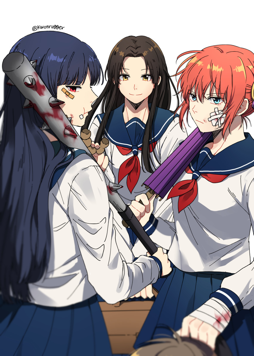 1boy 3girls :t absurdres bag bandaged_hand bandaid bandaid_on_face bat_(animal) black_hair blue_eyes blue_hair blue_sailor_collar blue_skirt brown_hair bruise bruise_on_face closed_mouth gintama hair_between_eyes highres holding holding_bag holding_weapon imai_nobume injury kagura_(gintama) kwonrugger long_hair long_sleeves looking_at_viewer multiple_girls neckerchief orange_hair pleated_skirt red_eyes red_neckerchief sailor_collar school_bag school_uniform serafuku shirt short_hair skirt smile standing tokugawa_soyo twitter_username very_long_hair weapon white_background white_shirt yellow_eyes