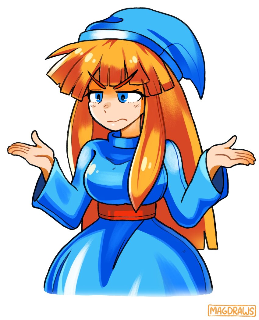 1girl :s absurdres angry blue_dress blue_eyes blue_hat blunt_bangs closed_mouth commentary derivative_work dress english_commentary hat highres long_hair long_sleeves mag_(magdraws) orange_hair puyopuyo puyopuyo_sun red_sash sash screenshot_redraw shrugging simple_background solo twitter_username upper_body v-shaped_eyebrows white_background wide_sleeves witch_(puyopuyo) wizard_hat