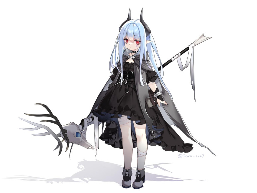 animal_skull bandaged_leg bandages black_dress black_nails black_shoes blue_hair bridal_gauntlets closed_mouth dress facial_mark full_body holding holding_staff horns long_hair looking_at_viewer nail_polish original pointy_ears red_eyes saru shadow shoes simple_background solo staff twitter_username very_long_hair white_background