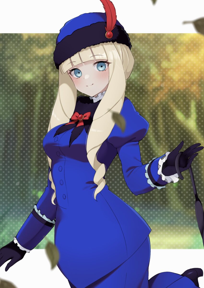 1girl black_footwear black_gloves blonde_hair blue_dress blue_eyes blue_hat bow buttons campbell_xx commentary cosplay dianna_soreil dress drill_hair facing_viewer feathers frills gloves gundam hat hat_feather highres holding holding_umbrella kihel_heim kihel_heim_(cosplay) leaf leg_up red_bow smile solo turn_a_gundam umbrella