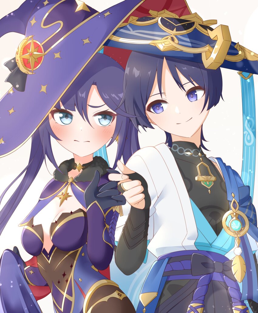 1boy 1girl absurdres anemo_symbol_(genshin_impact) aqua_eyes arm_at_side armor belt black_belt black_bodysuit black_bow black_bridal_gauntlets black_choker black_gloves black_hair black_shorts blue_cape blue_gemstone blue_hat blue_kimono blue_leotard blunt_bangs blunt_ends blush bodystocking bodysuit bow breasts bridal_gauntlets cape choker cleavage closed_mouth commission couple covered_collarbone crescent crescent_hat_ornament earrings eyeliner eyeshadow feathers fingernails fur_collar furisode gem genshin_impact gloves gold_ring gold_trim grey_trim hair_between_eyes han&#039;eri hand_up hat hat_ornament heads_together hetero highleg highleg_leotard highres hip_vent ikonaska interlocked_fingers japanese_armor japanese_clothes jewelry jingasa kimono kote kurokote layered_kimono leotard long_hair looking_at_another looking_to_the_side makeup mandarin_collar medium_breasts middle_ring mona_(genshin_impact) multicolored_leotard open_clothes open_kimono parted_bangs pom_pom_(clothes) purple_cape purple_eyes purple_hat purple_leotard purple_rope purple_sash purple_sleeves red_cape red_eyeliner red_eyeshadow red_hat rope sash scaramouche_(genshin_impact) shorts shoulder_peek side-by-side sidelocks sideways_glance skeb_commission smile split_mouth star_(symbol) star_choker star_earrings star_hat_ornament star_ornament star_print tilted_headwear two-sided_cape two-sided_fabric two-sided_headwear two-tone_leotard vision_(genshin_impact) wanderer_(genshin_impact) white_background white_kimono witch_hat yellow_feathers