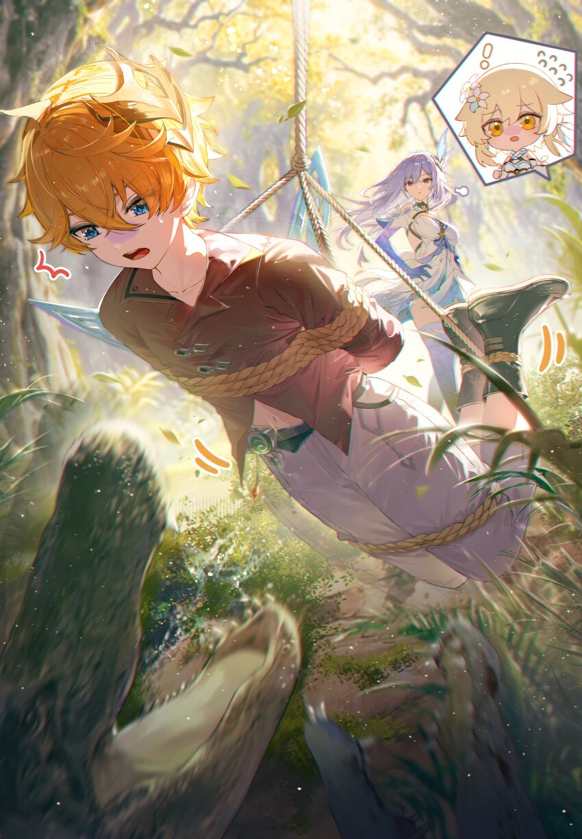1boy 2girls absurdres black_boots blonde_hair blue_eyes boots crocodile crocodilian dress earrings flower genshin_impact grey_hair grey_pants hair_between_eyes hair_flower hair_ornament highres isobe47 jewelry long_hair long_sleeves lumine_(genshin_impact) mask mask_on_head midriff multiple_girls navel open_mouth orange_hair pants red_eyes red_shirt rope shibari shirt short_hair skirk_(genshin_impact) tartaglia_(genshin_impact) thighhighs vision_(genshin_impact) white_dress yellow_eyes