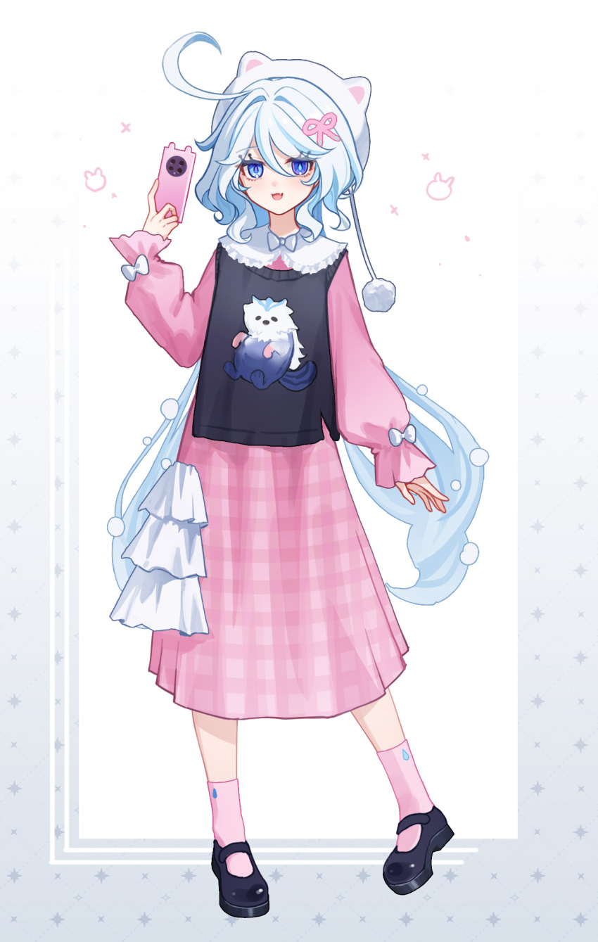 1girl black_shoes black_vest blue_eyes blue_hair cellphone dress full_body furina_(genshin_impact) genshin_impact hair_between_eyes hat heterochromia highres holding holding_phone leisurely_otter_(genshin_impact) long_hair long_sleeves multicolored_hair phone pink_dress shoes smartphone solo standing streaked_hair symbol-shaped_pupils very_long_hair vest white_background white_hair white_hat yukiri_(l_ii)