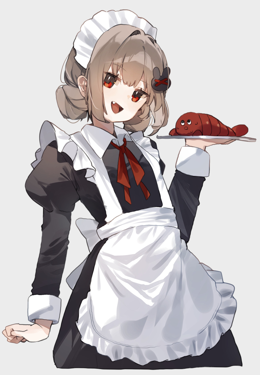 1girl absurdres alternate_costume apron black_dress cowboy_shot dress fang frilled_apron frills grey_hair hair_intakes hair_ornament head_tilt higa_(gominami) highres holding holding_tray lobster long_sleeves looking_at_viewer maid maid_headdress natori_sana neck_ribbon open_mouth rabbit_hair_ornament red_eyes red_ribbon ribbon sana_channel short_hair simple_background smile solo tray virtual_youtuber white_apron white_background