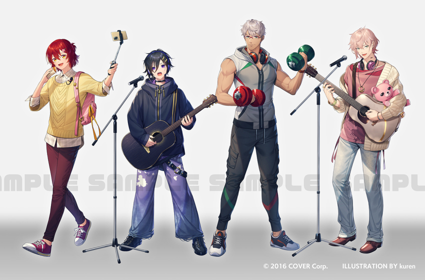 4boys :d acoustic_guitar alternate_costume artist_name arurandeisu backpack bag barcode barcode_tattoo belt belt_collar black_belt black_boots black_collar black_hair black_jacket black_pants black_shoes boots bread brown_shoes cardigan carrying carrying_under_arm cellphone closed_mouth collar collared_shirt copyright_notice denim drawstring dumbbell earrings flower food full_body glasses gradient_background gradient_pants green_eyes grey_background grey_hair grey_shirt guitar guitar_strap hair_between_eyes hair_flower hair_ornament hairclip half_updo hanasaki_miyabi headphones headphones_around_neck holding holding_dumbbell holding_food holding_instrument holding_stick holding_stuffed_toy holostars hood hooded_jacket hooded_shirt instrument jacket jeans jewelry kanade_izuru kuren lace-up_boots lavalier_microphone lightning_bolt lightning_bolt_hair_ornament lightning_bolt_symbol long_sleeves looking_at_phone looking_at_viewer male_focus microphone microphone_stand multiple_boys muscular muscular_male music neck_tattoo official_art open_cardigan open_clothes open_mouth oxfords pants pendant phone pink_bag pink_hair pink_shirt playing_instrument purple_eyes purple_pants purple_shirt recording red-framed_eyewear red_hair red_pants red_shoes ribbon rikka_(holostars) sample_watermark sekai_ichi_(holostars) selfie_stick shirt shoes short_hair sideways_glance singing single_earring single_off_shoulder sleeveless sleeveless_shirt smartphone smile sneakers splatter_print standing stick stuffed_animal stuffed_toy sweater tattoo teddy_bear torn_clothes torn_shirt untucked_shirt virtual_youtuber walking watermark white_background white_cardigan white_pants white_shirt wristband yellow_eyes yellow_ribbon yellow_sweater zipper