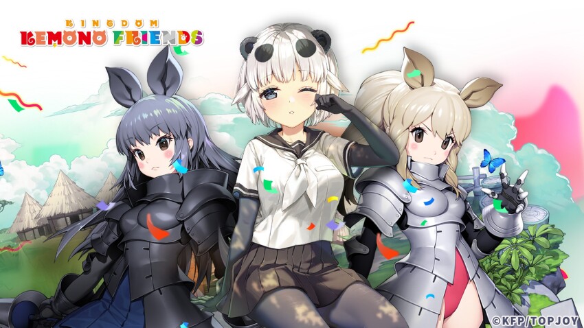 3girls animal_ears armor black_eyes black_hair black_rhinoceros_(kemono_friends) bug butterfly copyright_name elbow_gloves extra_ears giant_panda_(kemono_friends) gloves grey_hair highres insect kemono_friends kemono_friends_kingdom leotard long_hair looking_at_viewer multiple_girls nature official_art one_eye_closed outdoors panda_ears panda_girl pantyhose rhinoceros_ears rhinoceros_girl sailor_collar school_uniform short_hair skirt white_hair white_rhinoceros_(kemono_friends)