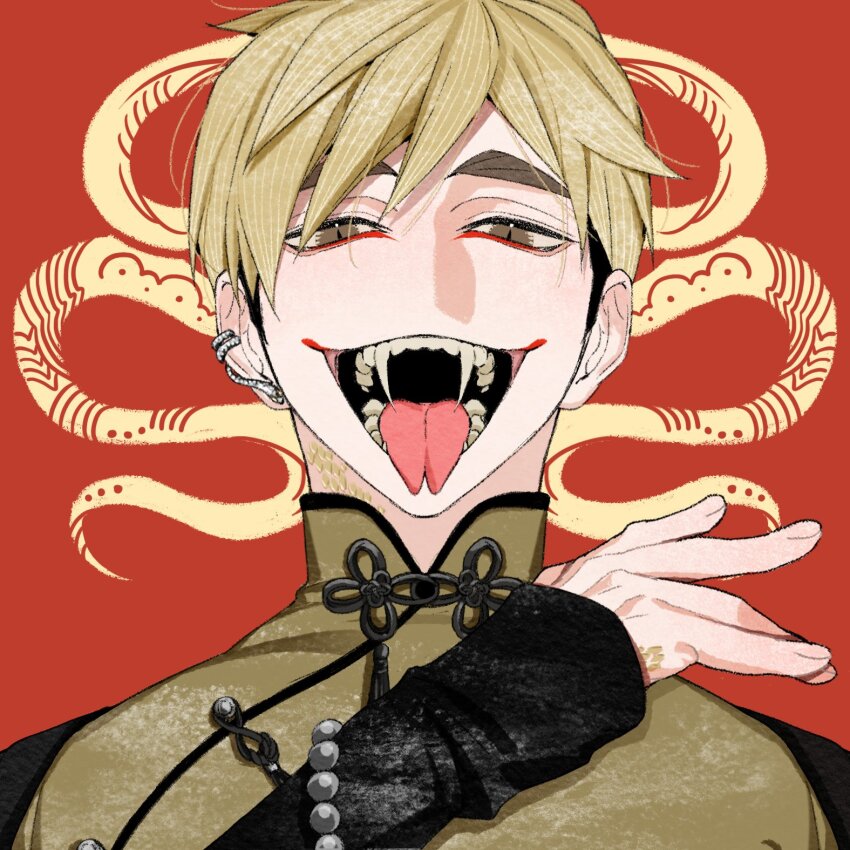 1boy bead_bracelet beads blonde_hair bracelet brown_eyes chinese_clothes commentary ear_piercing eyeliner fingernails forked_tongue grin haikyuu!! hand_up highres jewelry kosytt long_fangs looking_at_viewer makeup male_focus miya_atsumu open_mouth piercing portrait red_background red_eyeliner shirt short_hair slit_pupils smile solo straight-on straight_hair swept_bangs symbol-only_commentary tareme teeth thick_eyebrows tongue tongue_out undercut yellow_scales yellow_shirt