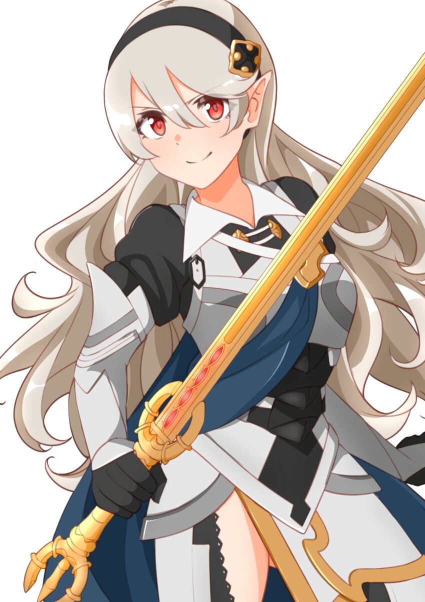 1girl armor black_hairband blue_cape cape female_corrin_(fire_emblem) fire_emblem fire_emblem_fates grey_hair hair_between_eyes hairband highres holding holding_sword holding_weapon ikonaska long_hair looking_at_viewer nintendo pointy_ears red_eyes smile solo sword weapon yato_(fire_emblem)
