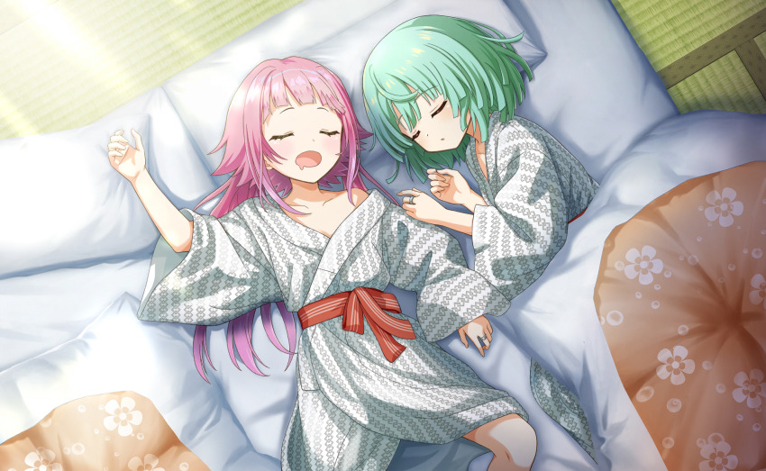 2girls artist_request blunt_bangs blunt_ends bow breasts cleavage closed_eyes collarbone dot_nose drooling eyelashes feet_out_of_frame fingernails futon game_cg green_hair hair_undone highres japanese_clothes jewelry kimono light_blush light_rays long_hair loose_hair_strand lying magia_record:_mahou_shoujo_madoka_magica_gaiden mahou_shoujo_madoka_magica mahou_shoujo_madoka_magica_magia_exedra medium_hair mikuri_ayame morning multiple_girls natsume_kako official_art on_back on_bed on_side open_mouth pajamas parted_lips pillow pink_hair red_bow ring sidelocks single_bare_shoulder sleeping striped_bow tatami waist_bow white_kimono