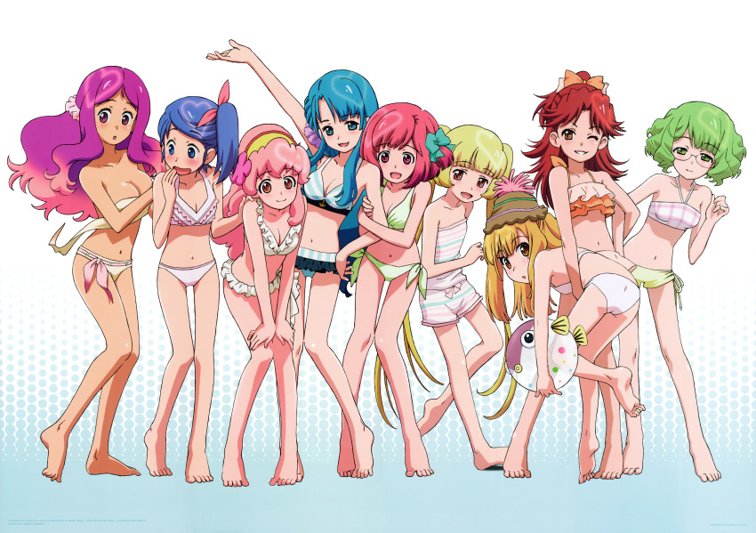 6+girls :d :o absurdres aida_orine akb0048 arm_hug arm_up artist_name ball barefoot beachball bikini blonde_hair blue_eyes blue_hair blush bow breasts brown_eyes brown_hat cleavage closed_mouth collarbone copyright_notice everyone flower frilled_bikini frills full_body glasses gradient_background gradient_hair green_bikini green_bow green_eyes hair_bow hair_flower hair_ornament hairband halterneck hand_on_another&#039;s_shoulder hand_on_own_hip hand_to_own_mouth hands_on_own_knees hat high_ponytail high_side_ponytail highres holding holding_ball holding_beachball ichijou_yuuka itou_ikuko kanzaki_suzuko kishida_mimori leaning_forward leg_up locked_arms long_hair looking_at_viewer looking_to_the_side motomiya_nagisa multicolored_hair multiple_girls navel official_art one-piece_swimsuit one_eye_closed one_side_up open_mouth orange_bikini orange_bow orange_eyes outstretched_arm parted_bangs pink_bow pink_eyes pink_hair ponytail purple_eyes red_eyes round_eyewear scan shinonome_kanata shinonome_sonata short_hair side-tie_bikini_bottom sidelocks smile sono_chieri standing strapless strapless_one-piece_swimsuit striped_bikini striped_clothes swimsuit transparent_beachball twintails untied_bikini_top very_long_hair white_bikini yellow_hairband yokomizo_makoto