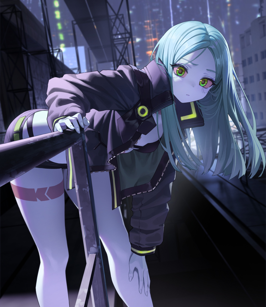 1girl absurdres artificial_eye black_panties bra breasts colored_sclera colored_skin cyberpunk_(series) cyberpunk_edgerunners grey_hair highres jacket leg_tattoo mechanical_eye neck_tattoo panties parted_bangs petite rebecca_(cyberpunk) red_sclera samurai_jacket_(cyberpunk) short_shorts shorts small_breasts strapless strapless_bra tattoo underwear white_skin xzu