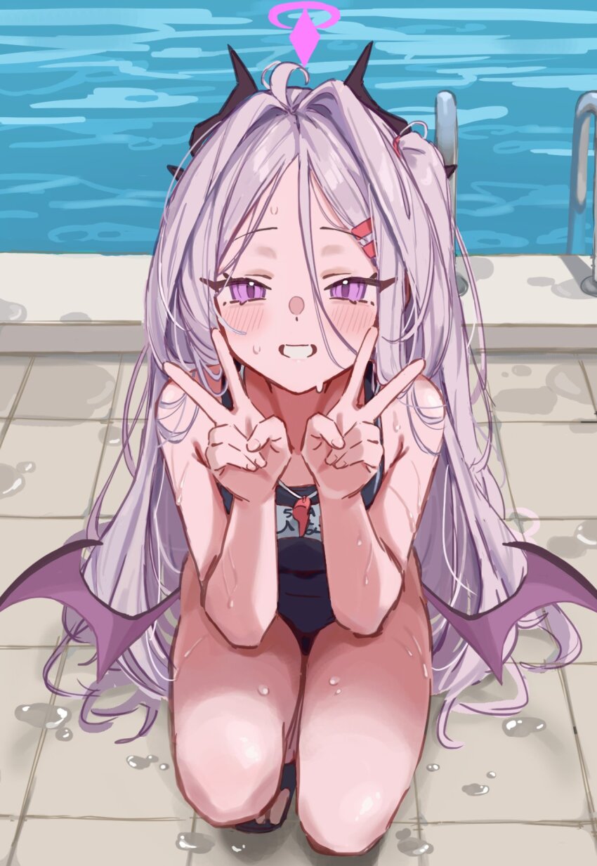 1girl ahoge blue_archive demon_girl demon_horns demon_wings halo highres hina_(blue_archive) hina_(swimsuit)_(blue_archive) horns long_hair looking_at_viewer low_wings masute old_school_swimsuit open_mouth pool poolside purple_eyes school_swimsuit smile solo swimsuit v very_long_hair white_hair wings