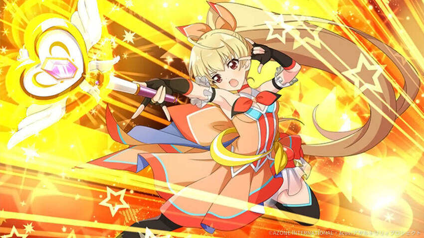 1girl andou_tazusa assault_lily black_gloves black_thighhighs blonde_hair dress fingerless_gloves frilled_dress frills game_cg gloves hair_ornament magical_girl official_art open_mouth red_eyes staff thighhighs