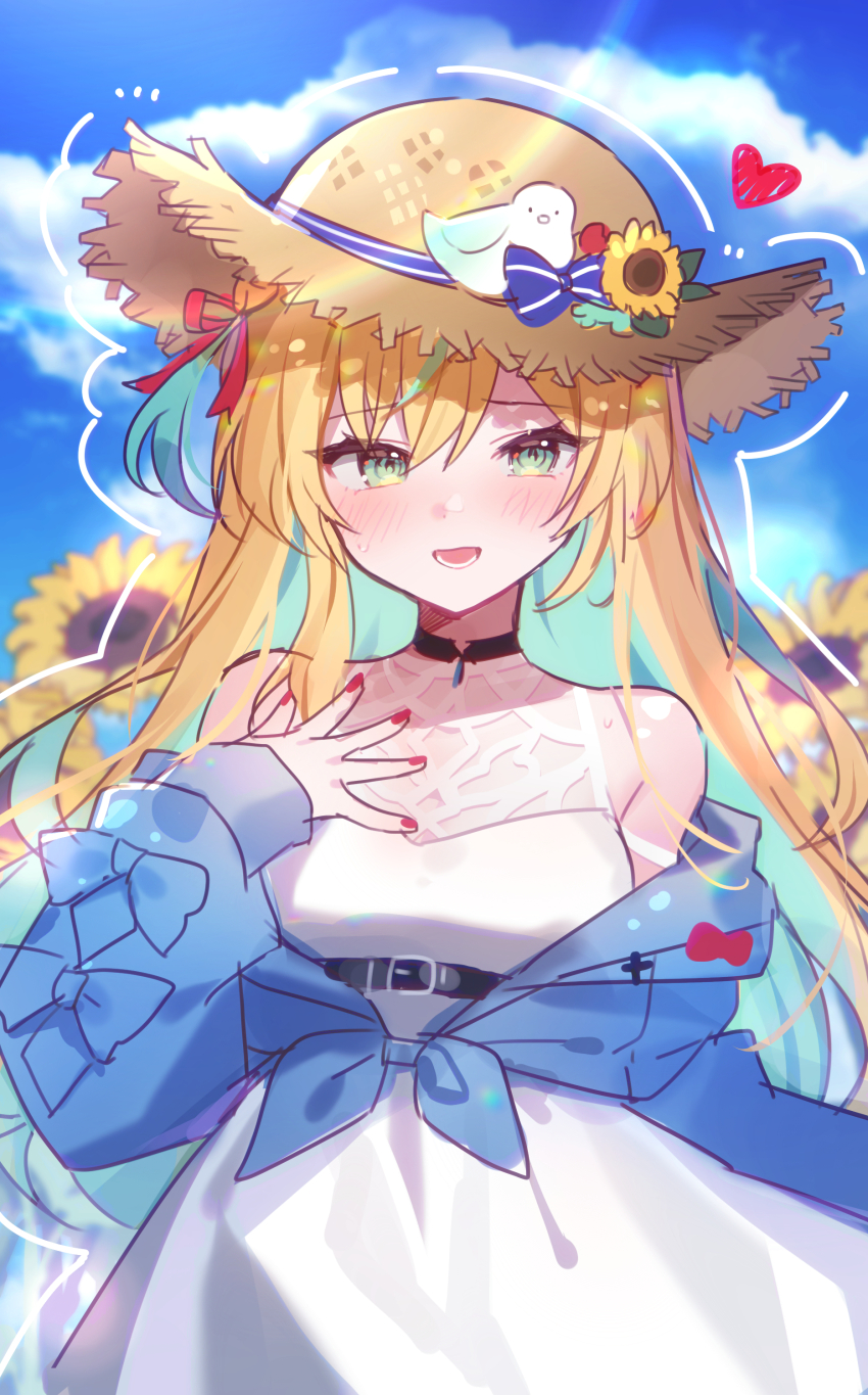 1girl absurdres alternate_costume bare_shoulders bird blonde_hair blue_jacket blue_sky blush colored_inner_hair commentary_request dress flower green_eyes green_hair hat hat_ornament heart highres jacket looking_at_viewer multicolored_hair nijisanji off_shoulder open_mouth outdoors red_nails sketch sky smile solo straw_hat sundress sunflower tachitsute_toto tied_jacket virtual_youtuber waka_(wk4444) white_dress