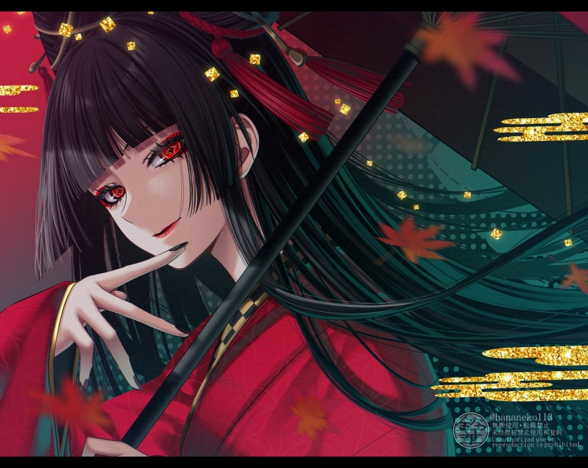 1girl autumn_leaves black_hair blunt_bangs dress eye_focus eyeliner hime_cut japanese_clothes kimono leaf lipstick long_hair makeup maple_leaf nail_polish oil-paper_umbrella oiran red_dress red_eyes solo suzuka_nene umbrella