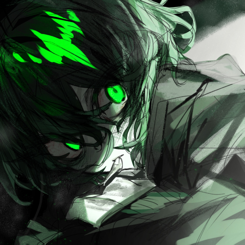 1boy black_hair black_jacket chinese_commentary colored_skin commentary_request degrees_of_lewdity finger_to_mouth green_eyes green_theme hair_between_eyes jacket kylar_(degrees_of_lewdity) kylar_(male)_(degrees_of_lewdity) lllzlllz long_bangs long_sleeves male_focus monochrome short_hair sketch solo white_skin
