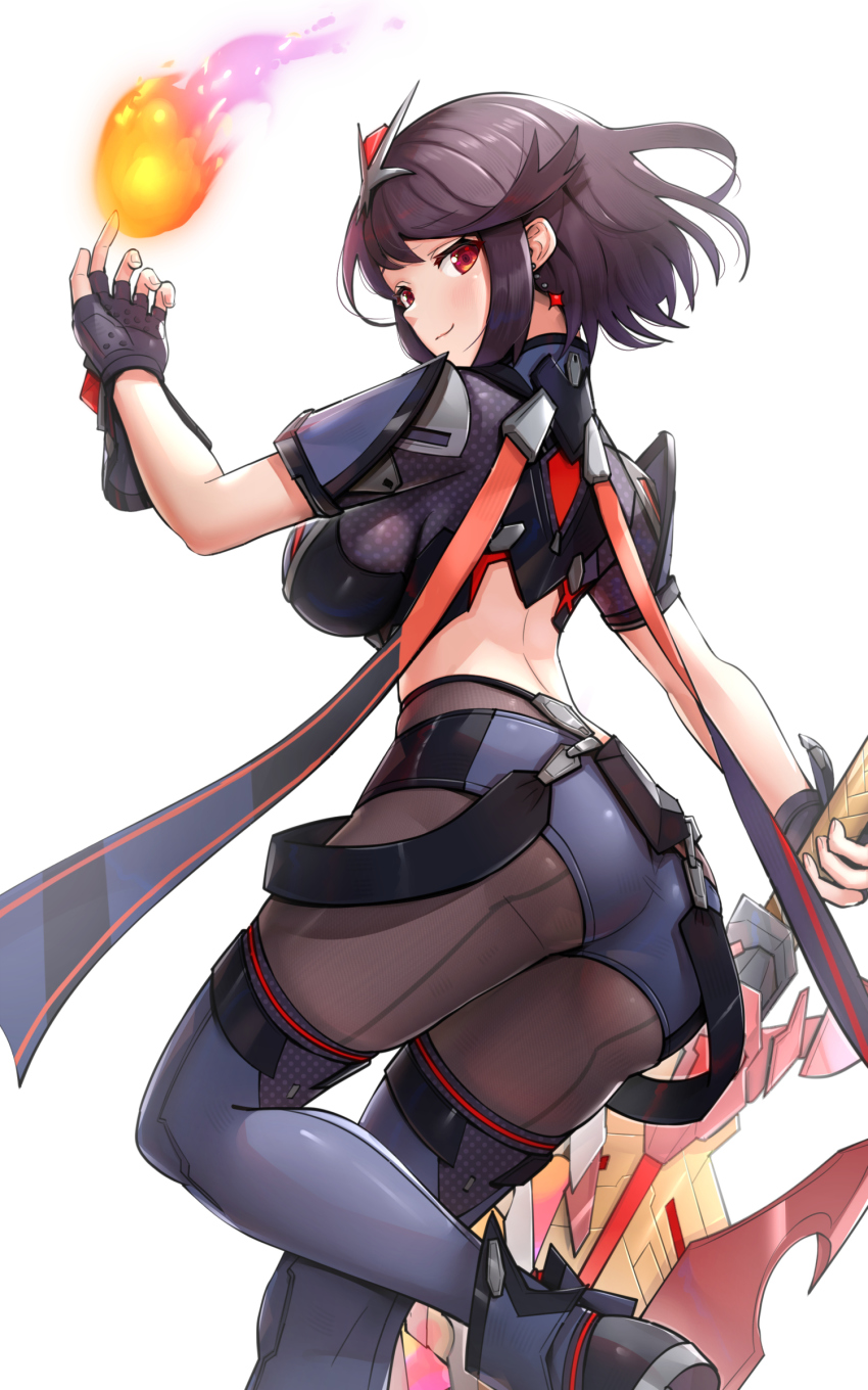 1girl absurdres aegis_sword_(xenoblade) alternate_color alternate_hair_color armor ass backless_outfit black_boots black_gloves black_shorts bob_cut boots breasts chest_jewel dark_persona earrings feet_out_of_frame fingerless_gloves fire floating_earrings front-seamed_legwear gem gloves gonzarez headpiece highres holding holding_sword holding_weapon jewelry large_breasts looking_at_viewer nintendo pantyhose pantyhose_under_shorts purple_hair purple_shorts purple_thighhighs pyra_(xenoblade) pyrokinesis red_eyes seamed_legwear short_hair short_shorts short_sleeves shorts sideboob simple_background smile solo super_smash_bros. suspenders swept_bangs sword thigh_boots thighhighs thighhighs_over_pantyhose tiara weapon white_background xenoblade_chronicles_(series) xenoblade_chronicles_2