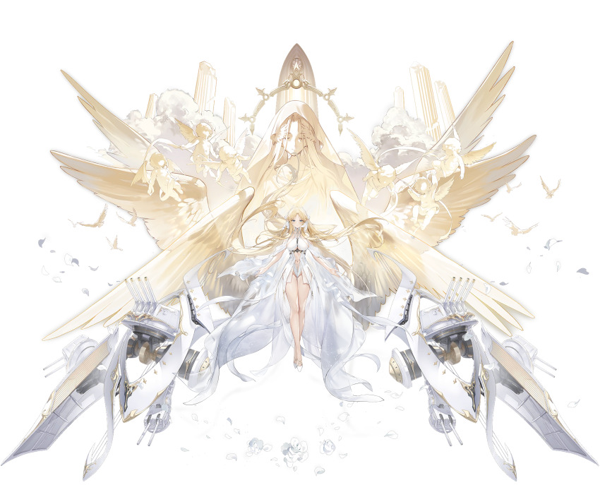 1girl absurdres aqua_eyes arms_at_sides azur_lane bare_shoulders blonde_hair breasts brest_(azur_lane) cannon center_opening closed_mouth clothing_cutout collarbone detached_sleeves dress feathered_wings groin highleg highleg_panties highres iris_libre_(emblem) kurumi_(recycllamo) large_breasts long_hair looking_at_viewer multiple_wings navel non-web_source official_art panties parted_lips range_finder rigging ship_turret sideboob sidelocks skindentation solo transparent_background underboob underboob_cutout underwear white_dress white_footwear wide_sleeves wings yellow_wings