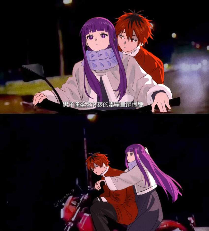 1boy 1girl artist_name black_dress black_gloves black_pants chinese_text commentary dress english_commentary expressionless fern_(sousou_no_frieren) film_grain gloves jacket long_hair motor_vehicle motorcycle outdoors pants parody purple_hair purple_scarf red_hair red_jacket road scarf scene_reference short_hair sousou_no_frieren stark_(sousou_no_frieren) tacotako translation_request twitter_username
