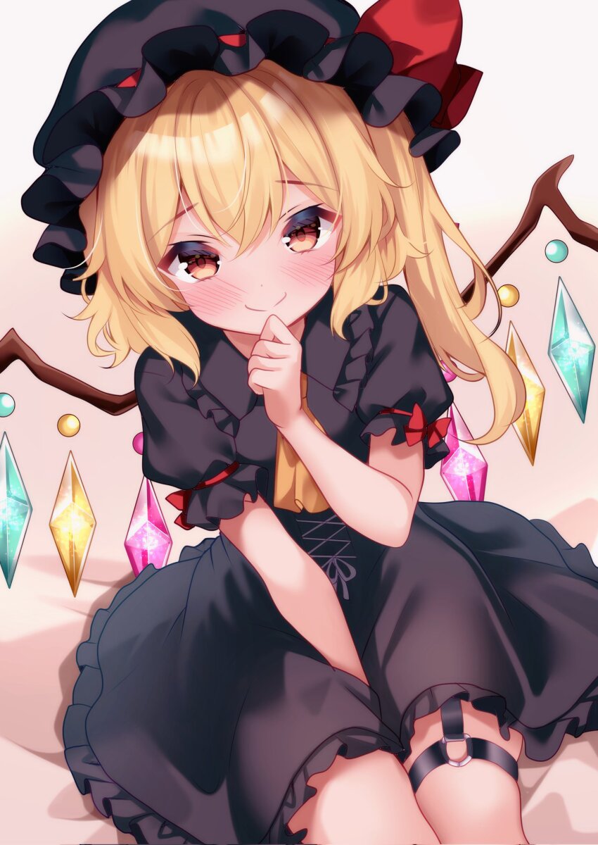 1girl alternate_color alternate_costume ascot bed_sheet between_legs between_thighs black_dress black_hat blonde_hair blush bow closed_mouth commentary_request cowboy_shot cross-laced_clothes cross-laced_dress crystal_wings dot_nose double-parted_bangs dress flandre_scarlet frilled_dress frilled_shirt_collar frills garter_straps hair_between_eyes hand_between_legs hand_on_own_chin hand_up hat hat_bow highres light_smile long_hair looking_at_viewer mob_cap multicolored_wings o-ring o-ring_thigh_strap on_bed orange_hair puffy_short_sleeves puffy_sleeves red_bow shirotsuki_shirone short_sleeves side_ponytail simple_background single_garter_strap sitting sleeve_bow sleeve_garter solo split_mouth stroking_own_chin thigh_strap touhou wings yellow_ascot