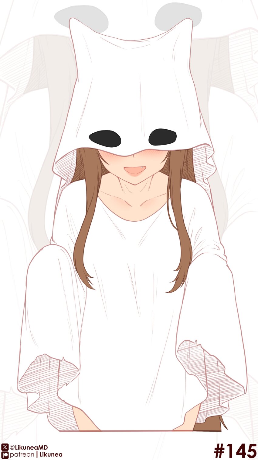 1girl absurdres animal_ears blush brown_hair collarbone commentary english_commentary fang ghost_costume highres holo likunea long_hair open_mouth patreon_logo patreon_username sheet_ghost simple_background smile solo spice_and_wolf tail twitter_username twitter_x_logo wolf_ears wolf_girl wolf_tail zoom_layer