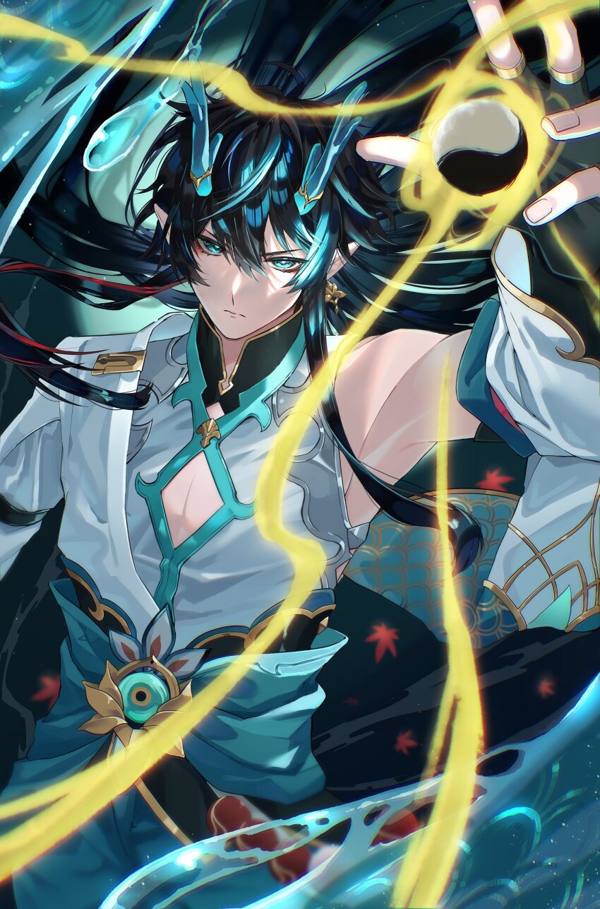 1boy aqua_eyes aqua_hair aqua_horns aqua_sash arm_up black_gloves black_hair blurry chinese_clothes closed_mouth clothing_cutout dan_heng_(honkai:_star_rail) dan_heng_(imbibitor_lunae)_(honkai:_star_rail) depth_of_field detached_sleeves dragon_boy dragon_horns dragon_tail earrings eastern_dragon_horns eyeliner fingerless_gloves floating_hair gloves gold_earrings gold_trim green_pants hair_between_eyes hand_up hashtag-only_commentary highres holding_orb honkai:_star_rail honkai_(series) horns jewelry long_hair long_sleeves makeup male_focus moon multicolored_hair night night_sky pants pointy_ears red_eyeliner sash serious shirt sky soaking_feet solo tail water white_shirt white_sleeves wide_sleeves xxchicoxxf