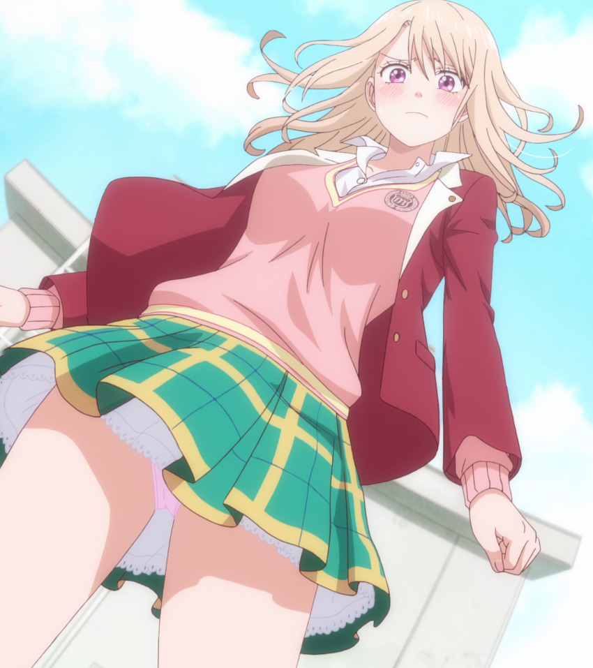 anime_screenshot blonde_hair blush breasts collarbone frown green_skirt highres kawai_mona kuroiwa_medaka_ni_watashi_no_kawaii_ga_tsuujinai large_breasts miniskirt panties pantyshot pink_panties plaid_clothes plaid_skirt purple_eyes school_uniform skirt stitched third-party_edit underwear upskirt